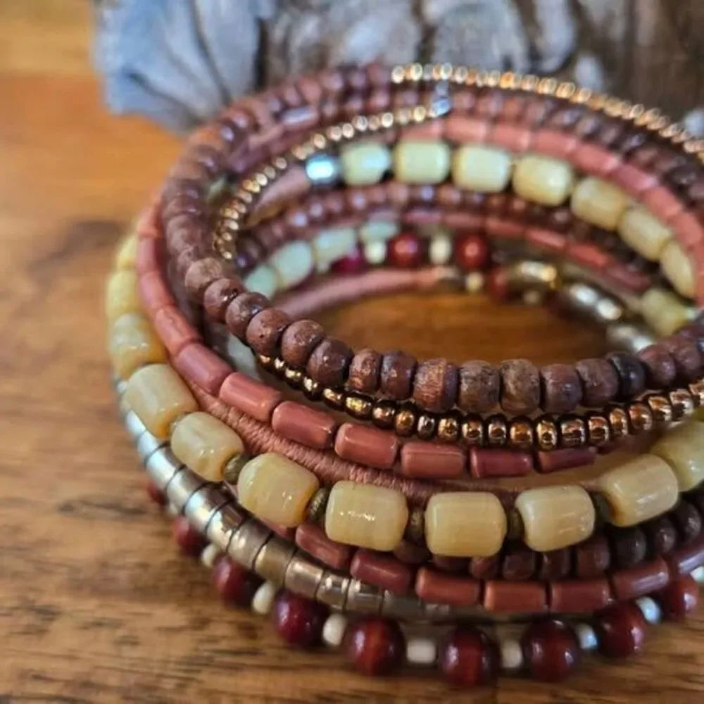 Multi Strand Stretch Bracelet Earth Tone Beaded Layered Wrap Fashion Bracelet